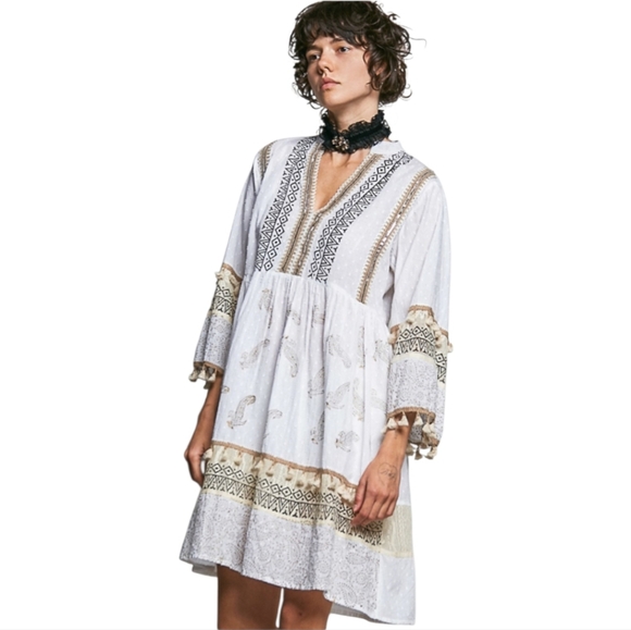 NS27. POL BOHEMIAN TASSELS NEUTRAL COTTON DRESS - Picture 3 of 4